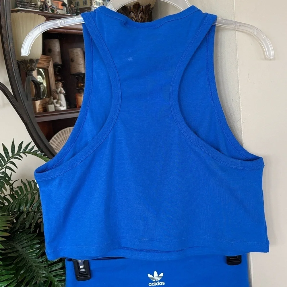 Adidas 2-Piece Blue & White 3-Stripe Racerback Tank Top & Shorts Workout Set - Picture 6 of 14
